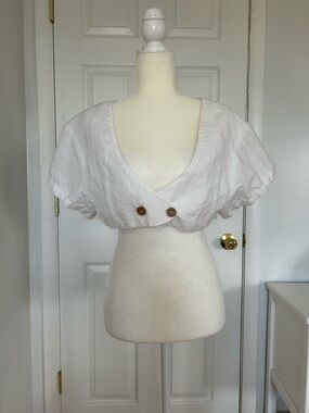 Free People White Cropped Button-Front Linen Blend Top
